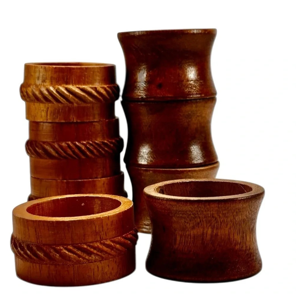 Vintage Napkin Rings Carved Wooden Dark Brown Wood Natural Boho Mixed Lot of 8